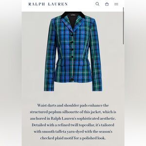 NWT Ralph Lauren Tartan Blue Green black Plaid Blazer-velvet lapel-box & bag